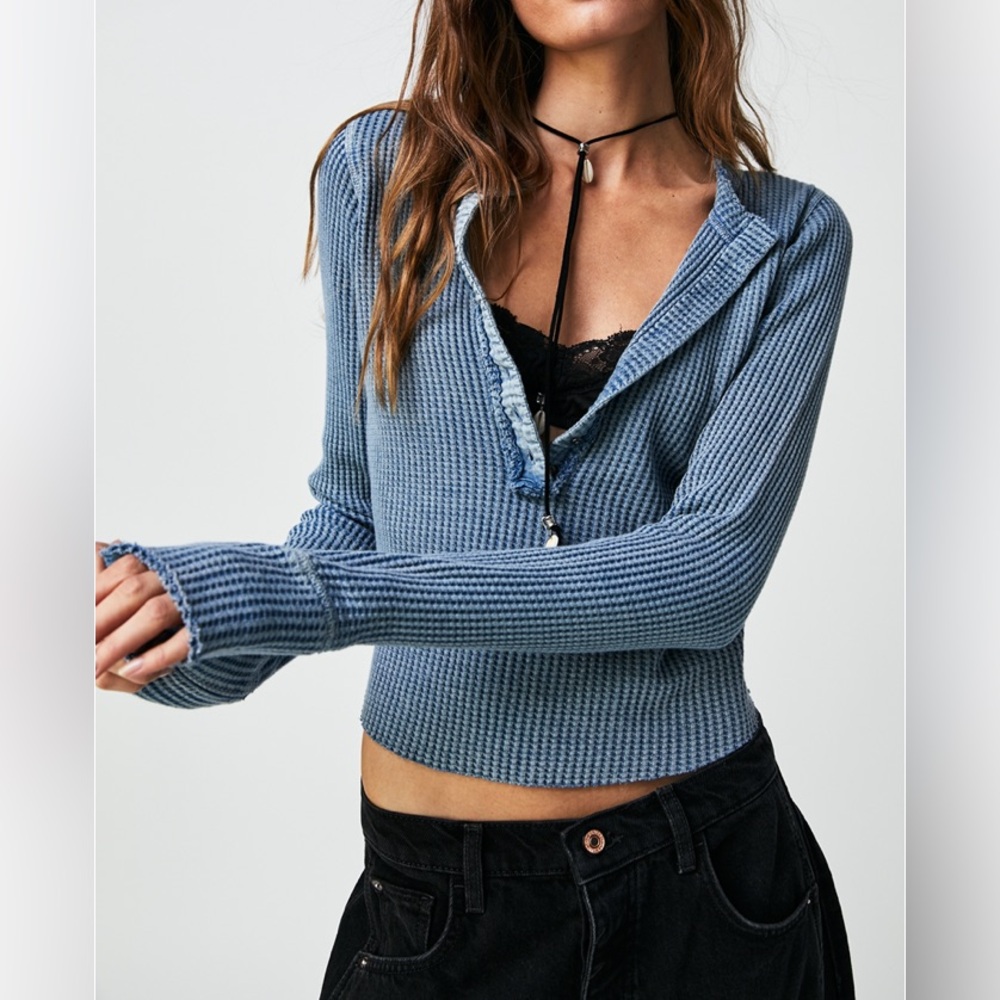 Free People Mediterranean Blue Long Sleeve waffle knit top